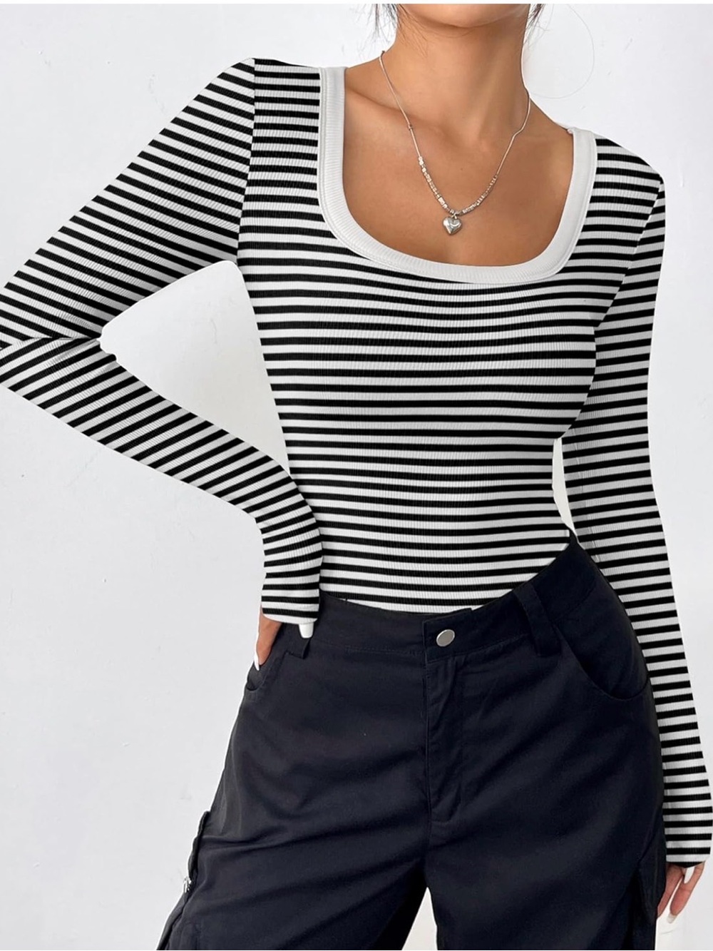 Black and White Striped Ribbed Long Sleeved Shirt- XS